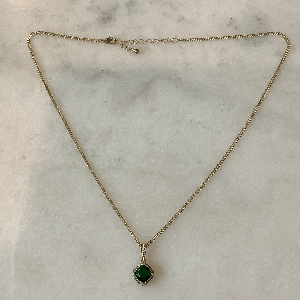 Gold Plated Chain Necklace with Emerald Green Cushion Pendant, Brand New